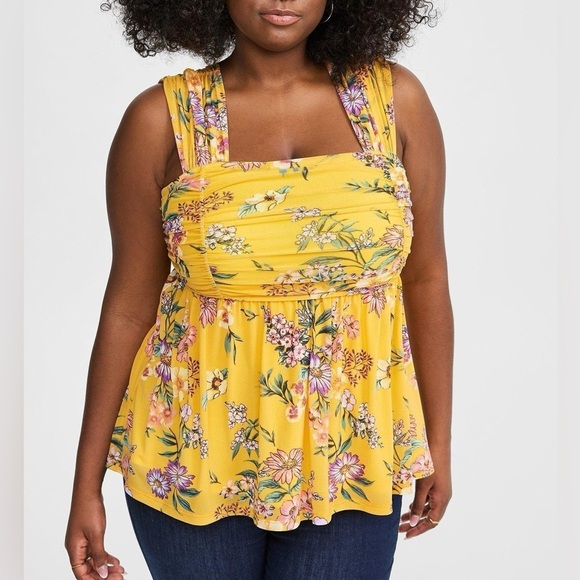 Torrid Stretch Mesh Square Neck Shirred Peplum Cherish Floral Mineral Yellow - Picture 2 of 13